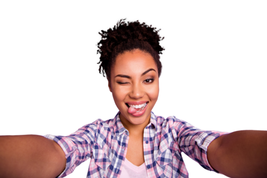Close up photo childish carefree playful teen beautiful teenager top-knot stylish trendy plaid shirt make photo weekend rest holidays joke grimace comic humor crazy foolish isolated purple background