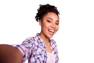 Close up photo of cute pretty lady millennial laugh have free time holidays weekends make photos travel summer positive cheerful satisfied dressed checked shirts modern isolated purple background