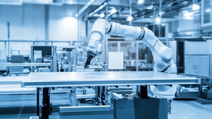 Robotic arm operating an aluminum table frame on a production line in an industrial factory, showcasing automation in manufacturing, robotics in production