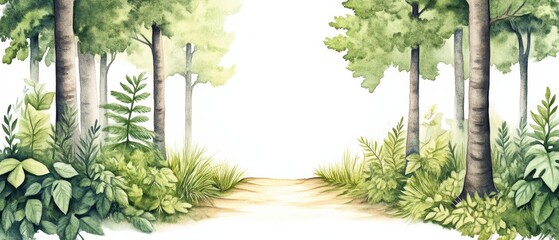 A serene forest scene with lush greenery, tall trees, and a soft pathway inviting exploration in a tranquil natural setting.