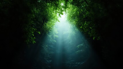 A serene forest scene with sunlight streaming through lush green foliage, creating a tranquil and mystical atmosphere.