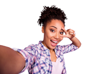 Close up photo nice charming satisfied millennial make v-sign eyes scream content enjoy rejoice photo travel summer checked trendy stylish top knot shirt isolated purple background free time  concept