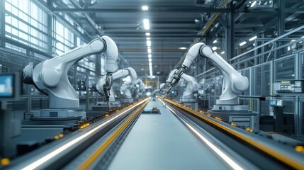 A group of robotic arms in an industrial factory surrounded by modern machinery, robotics in manufacturing, industrial automation, modern machinery