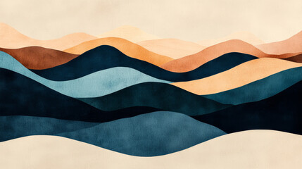 Abstract landscape artwork featuring layered hills in warm and cool tones, evoking sense of tranquility and harmony.