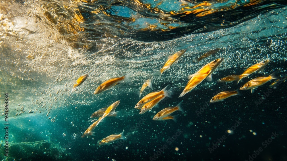 Aufkleber a dynamic image of a school of fish swimming rapidly, with the water creating trails of bubbles and 