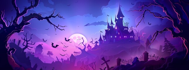 Obraz premium Dark Halloween landscape with a haunted castle and bats in the sky at full moon at night. Halloween wallpaper background illustration in purple and black. 