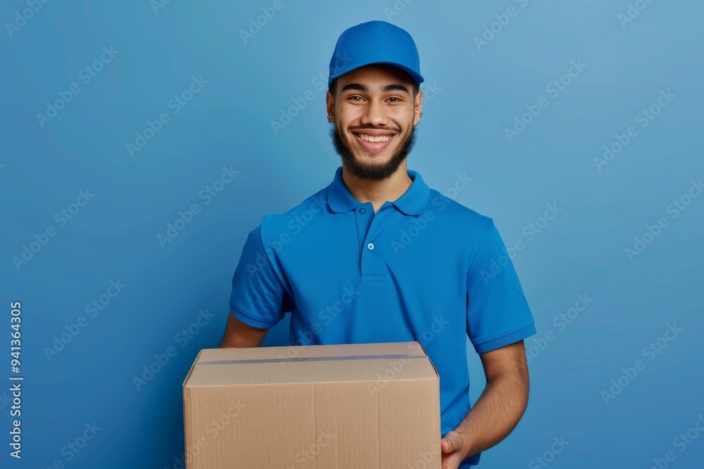 Poster a delivery man in uniform, smiling confidently, showcases efficiency in courier service by holding a