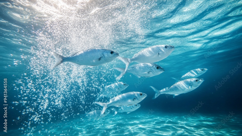 Poster a dynamic image of a school of fish swimming rapidly, with the water creating trails of bubbles and 