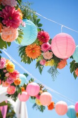 Colorful Festive Tent Decorated with Flowers and Lanterns on a Sunny Day