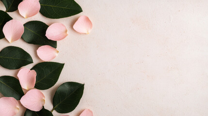 Delicate pink rose petals and green leaves arranged on soft background evoke sense of tranquility and natural beauty.
