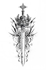 Crown and Sword very simple traditional tattoo flash styles illustration