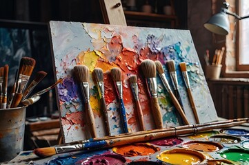 Obraz premium Artistic equipment - canvas and palette knife, paint brushes, multicolored paints in artist studio.