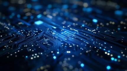 Blue circuit patterns form an abstract design on a high-tech circuit board. The blurry background evokes a sense of innovation and technological advancement in the fields of networking and computing. 