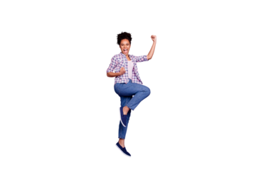 Full length body size view photo delighted fun funny funky lady free time dream dreamy scream yeah top-knot luck lucky raise fists beautiful stylish plaid shirts jeans isolated purple background