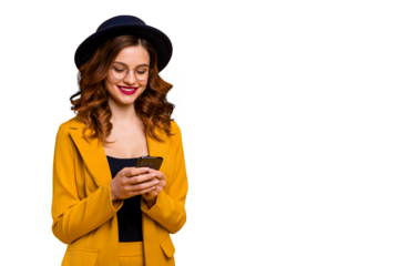 Close up photo beautiful amazing she her toothy lady arms hands telephone perfect look red lips pomade reader fashion news wear specs formal-wear costume suit isolated yellow vivid vibrant background