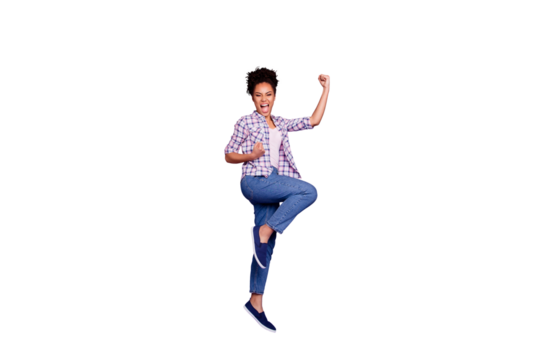 Full length body size view photo delighted fun funny funky lady free time dream dreamy scream yeah top-knot luck lucky raise fists beautiful stylish plaid shirts jeans isolated purple background