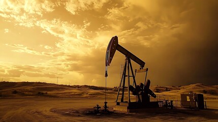 An oil pump jack silhouetted against a desert landscape at sunset.