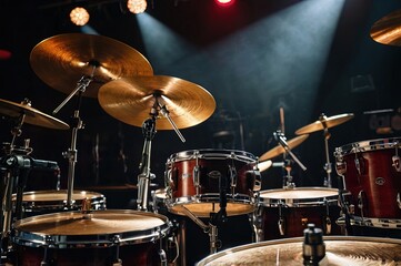 Drum Kit and cymbals set under stage lighting