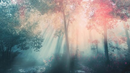 A serene forest scene bathed in soft light, with mist creating an ethereal atmosphere, perfect for nature-themed projects.
