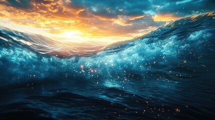 Fototapeta premium A stunning ocean scene with vibrant waves reflecting the golden hues of a sunset, evoking tranquility and beauty.