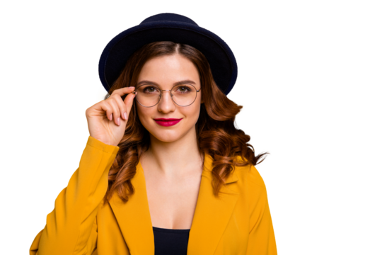 Close-up portrait of her she nice charming cute attractive lovely winsome content chic well-groomed wavy-haired lady wearing yellow jacket isolated on bright vivid shine orange background