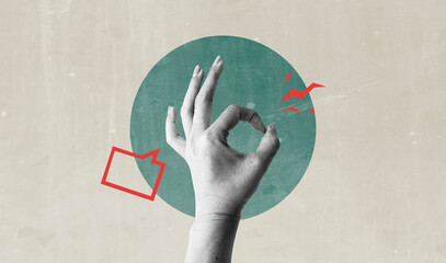 Hand showing the OK gesture isolated on vintage background. Art collage digital pop modern art.