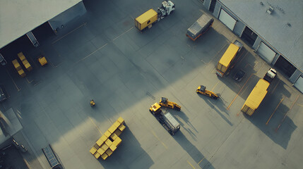 Aerial View of Bustling Logistics Hub, Forklifts Shifting Cargo, Planes Loading, Trucks Queuing, Efficiency in Motion.