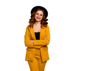 Portrait of her she nice-looking charming cute attractive winsome lovely chic elegant cheerful wavy-haired lady in yellow jacket blazer folded arms isolated on bright vivid shine orange background