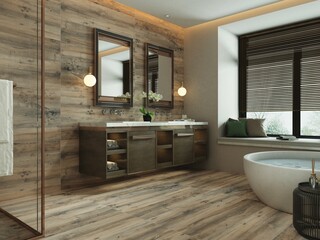 Luxury bathroom interior with brown and beige floor and wall, white double ceramic basin on brown wooden surface, double mirrors above, circular white ceramic bathtub. 3D Illustrations. 3D Rendering