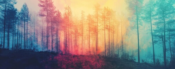 A mesmerizing forest scene blended with vibrant colors, showcasing the beauty of nature and tranquility at dusk.