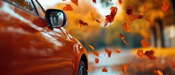 A vibrant red car drives through a picturesque autumn landscape, surrounded by swirling orange leaves and a serene atmosphere.