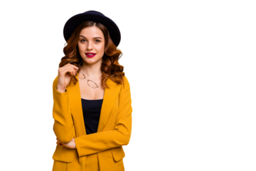 Portrait of her she nice-looking well-groomed charming cute attractive lovely intellectual cheerful wavy-haired lady in yellow suit isolated on bright vivid shine orange background
