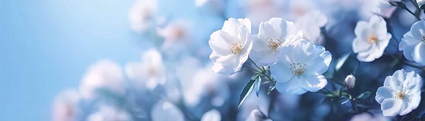 Fototapeta premium Delicate white flowers with soft blue background.