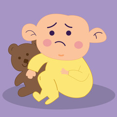 Sad Kid holding a teddy bear. Concept of loneliness, pain, fear, and emotional distress. Child abuse, Flat cartoon style. Vector illustration