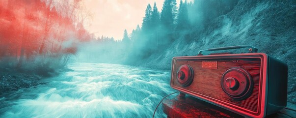 A vintage radio by a serene river, surrounded by nature's beauty, capturing the essence of tranquility and nostalgia.