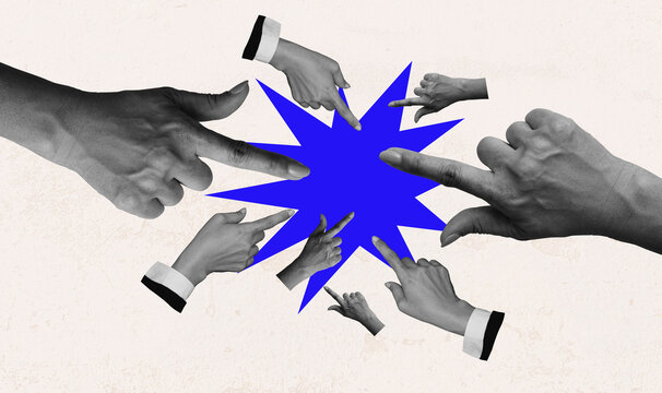 Pointing hand, mechanism teamwork. people hands fingers point each other blame shame guilt choose gesture index sign isolated on painted background. Art collage digital pop modern art.
