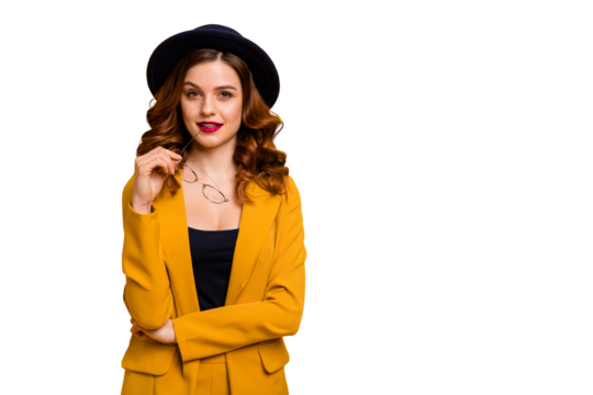 Portrait of her she nice-looking well-groomed charming cute attractive lovely intellectual cheerful wavy-haired lady in yellow suit isolated on bright vivid shine orange background - Powered by Adobe