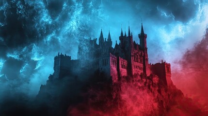 A mystical castle emerges from vibrant clouds, surrounded by a dramatic sky of blue and red hues, evoking a sense of enchantment.