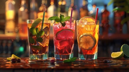 Three Refreshing Cocktails on a Bar Counter