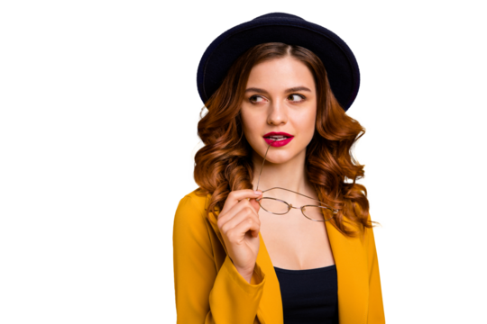 Close-up portrait of her she nice-looking charming cute attractive sweet lovely gorgeous smart clever luxury pensive wavy-haired lady thinking isolated on bright vivid shine orange background