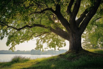 A majestic tree stands tall by a peaceful lake, with sunlight streaming through its lush green leaves, creating a calm scene.