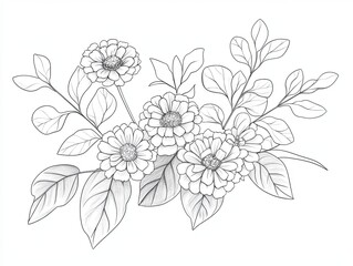 A hand-drawn illustration of a bouquet of three delicate flowers with leaves, perfect for a botanical design or as a decorative element.