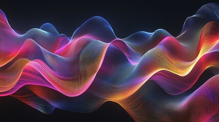 Fototapeta premium Captivating digital waves undulate with energy and dynamism against a shadowy backdrop. Hues of vibrant colors dance and mingle, creating a mesmerizing tapestry that evokes a sense of depth 