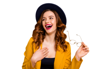 Close-up portrait of her she nice-looking charming cute attractive lovely gorgeous chic luxury pensive wavy-haired lady laughing joke 1 April day isolated on bright vivid shine orange background