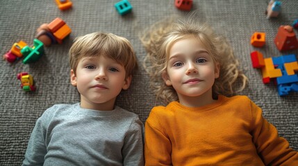 Two brothers lay on the living room floor. Surrounded by toys but doesn't seem enthusiastic. and find new ways To entertain yourself
