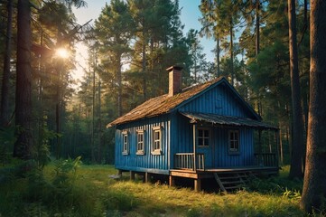 Old blue wooden house in the trees in the middle of the forest for children to play. 