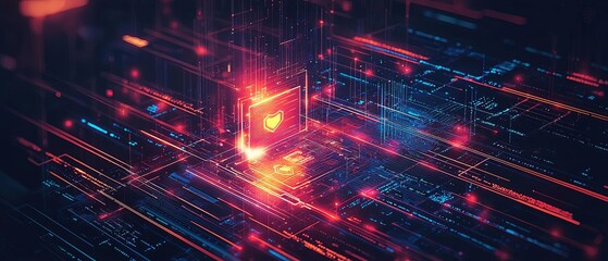 An abstract image of a defense code being processed by a secure app, with floating digital shields and encrypted data streams