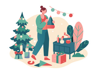 A woman preparing for Christmas image. Flat vector illustration on white background.