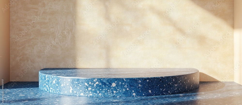Poster 3d rendered image of an empty mockup podium featuring terrazzo and blue colors set against a portrai