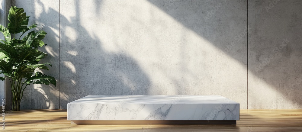 Aufkleber 3d marble display podium positioned on a wooden floor in front of a white concrete wall realistic re